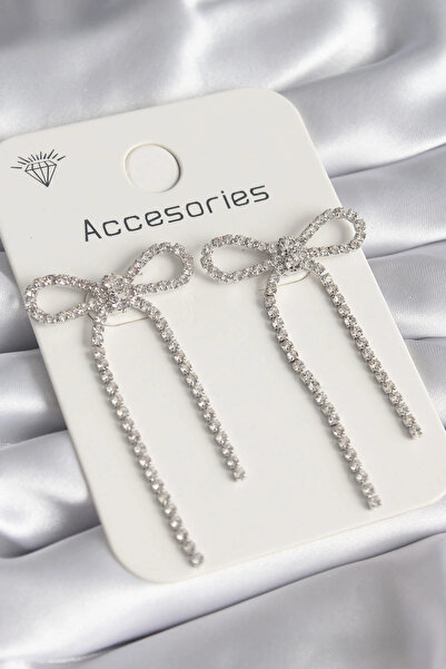 shopwave Silver Color Zircon Stone Bow Model Women's Earrings