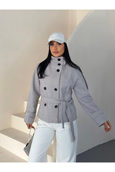 gm giyimarket Women's Zra Model Belted Stand Collar Short Cashmere Coat