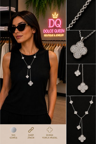 DOLCE QUEEN قلادة نسائية أنيقة متعددة الطبقات بتصميم البرسيم مع سلسلة متدلية