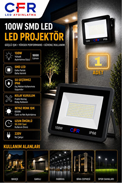 CFR LED AYDINLATMA 100W 9000 Lümen 6500k Beyaz Işık Siyah Kasa Led Projektör ...