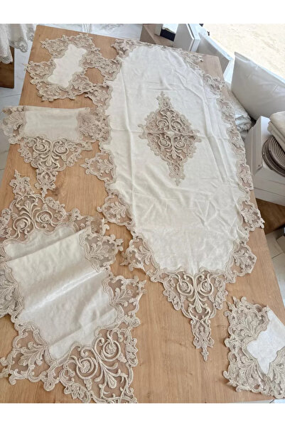 Ceki Home Living Room Set Dowry Set Cream Runner Set 5 Piece Velvet Tableclot...