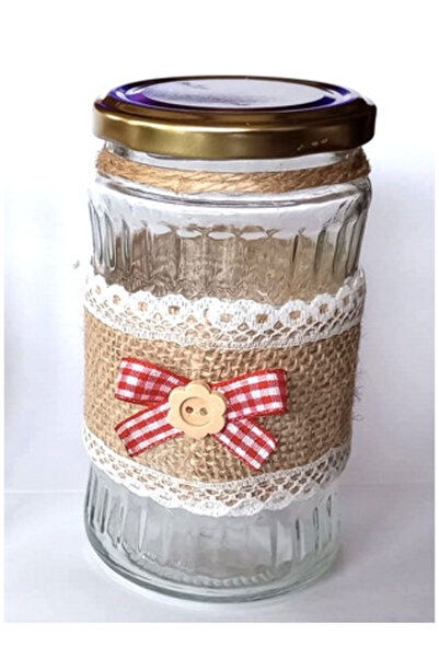 Handmade Borcan decorat cu iuta, panglica rosie si nasture din lemn