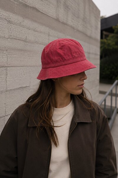 Külah Unisex Washed Red Bucket Hat Cotton Fisherman Hat
