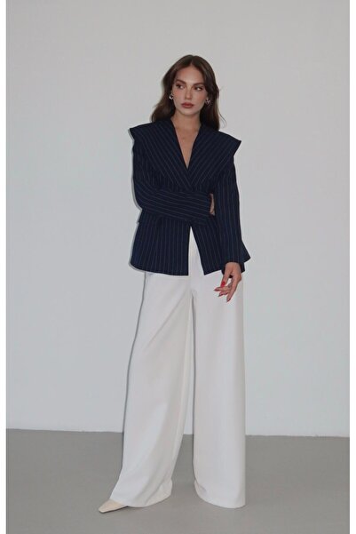 LOKADI Women's Striped Wide Collar Padded Oversize Blazer Jacket