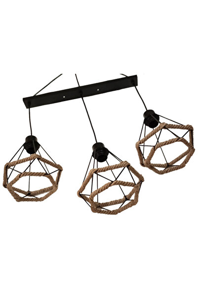 Handmade Βίντατζ μαύρο ματ κρεμαστό φωτιστικό διακοσμημένο με γιούτα, 3xE27
