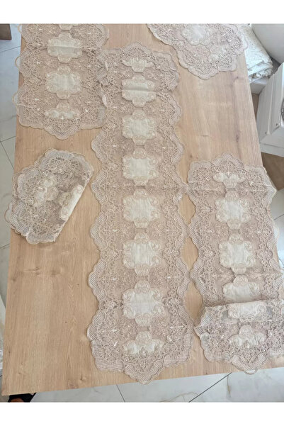 Ceki Home طقم صالون تاكيموتي كريم رنر مكون من 5 قطع من الكتان، غطاء طاولة جان...
