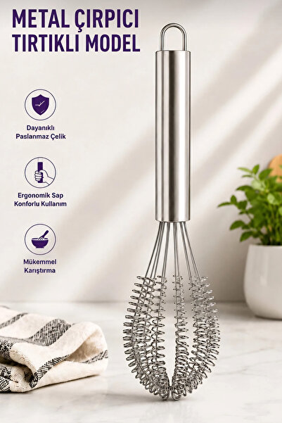 BRE HOME Paslanmaz Çelik Tırtıklı Tel Çırpıcı 32 cm – Ergonomik Saplı Spiral ...