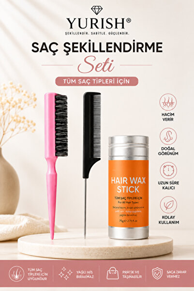 YURISH Profesyonel Topuz Fırçası Renkli Stick Wax ve Metal Uçlu Krepe Tarak Seti 3'lü Set