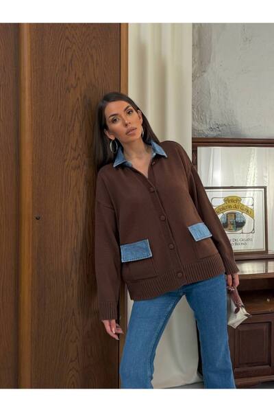 LOKADI Women's Denim Collar Detailed Pocketed Oversize Knitwear Cardigan Butt...