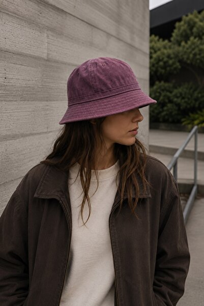 Külah Unisex Washed Burgundy Bucket Hat Cotton Fisherman Hat