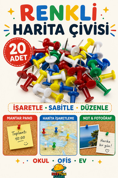 neptünstore Harita Çivisi Renkli 20 li 1 Paket Renkli Plastik Mantar Pano Rap...