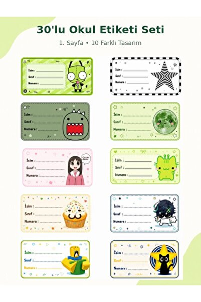 Punky Design 30’lu Okul Etiketi Sticker Seti 7x4 cm İsim Sınıf Numara Defter ...