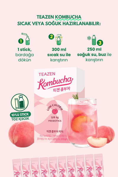 TEAZEN Probiyotik Ve Lif İçeren Bağırsak Sağlığı Destekli Şekersiz İçecek Kombucha Peach