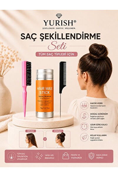 YURISH Profesyonel Topuz Fırçası Renkli Stick Wax ve Metal Uçlu Krepe Tarak Seti 3'lü Set