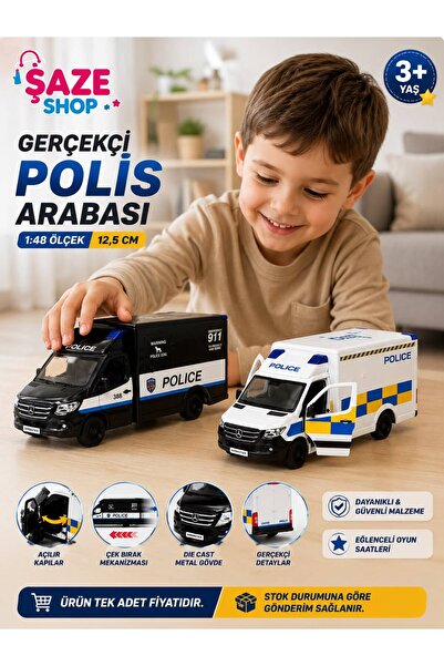 SAZE Şaze Shop 1:48 Die Cast Metal Police Car 12.5 cm Pull-Open Door Model Ve...
