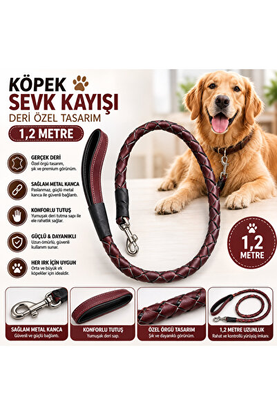 Baron Pet Deri Örgü Köpek Sevk Kayışı 1,2 Metre Yumuşak Deri Saplı Metal Kanc...