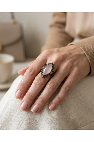 Dorvina Vintage Authentic Bronze Powder Pink Stone Adjustable Women's Ring - ...