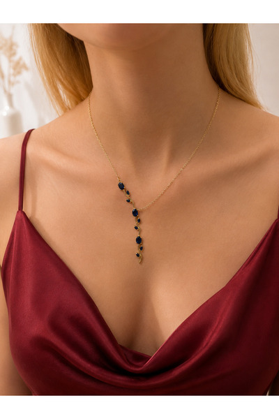 Lilith Takı Navy Blue Stone Y Necklace Gold Color Branch Detailed Elegant Sty...
