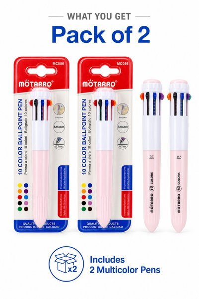 Matarro MOTARRO 10 Color Ballpoint Pen 0.7mm – Multicolor Retractable Writing Pen for School, Office & Notes – Pink, Pack of 2