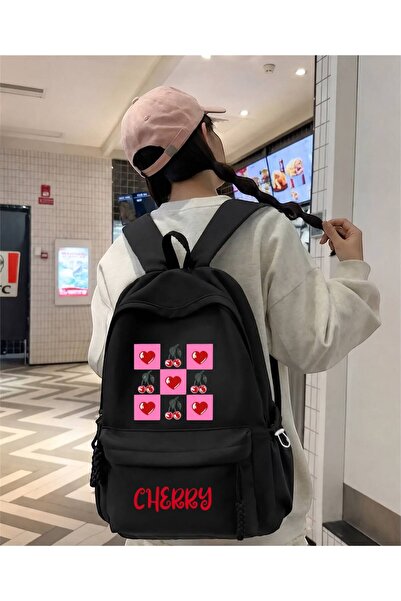 Minga London Black Chery & Heart Printed School, Class, Course Backpack