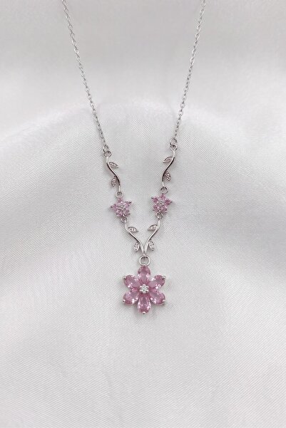 özgül takı ve tasarım Flower Model Pink Zircon Stone Gold Color Stainless Ste...