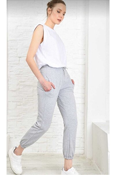 EYAX MODA Women's Gray Sweatpants Trousers with Elastic Cuffs