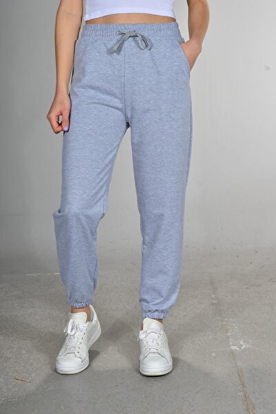 EYAX MODA Women's Gray Melange Leg Elastic Waist String Two Thread Sweatpants