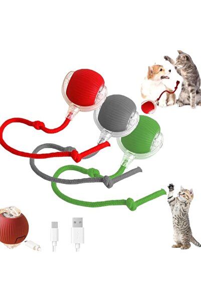 PAPLIX Interactive Self-Moving Ball Toy with Rope Tail for Dogs and Cats, Red