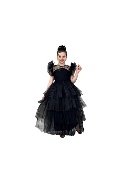 Generic Brand Girls' 7-10 Years Old Black Elegant Dress with Embroidered Lace...