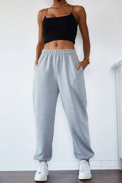 EYAX MODA Women's Gray High Waist Loose Cut Jogger Sweatpants