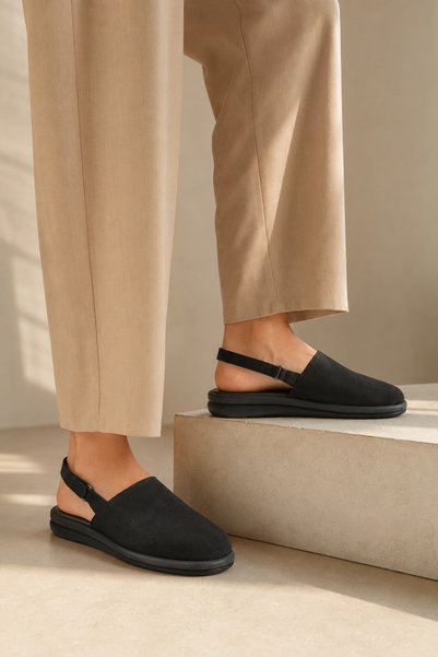 a ayak&kabım official Laren Night Black Genuine Leather Nubuck Women's Closed Toe Open Back Daily Sandals