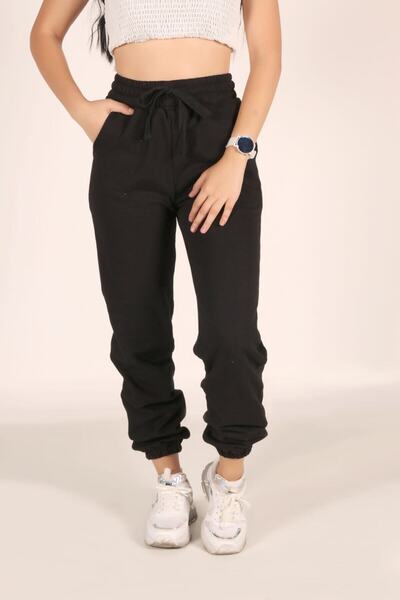 EYAX MODA Makentmoda Black Elastic Cotton Jogger Sweatpants