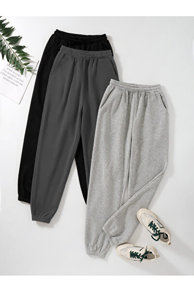 EYAX MODA 3-pack Basic Plain Sweatpants Jogger - Μαύρο καπνιστό γκρι ελαστικό...