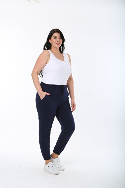 EYAX MODA Women's Navy Blue Color Elastic Waist Pocket Large Size Sweatpants ...