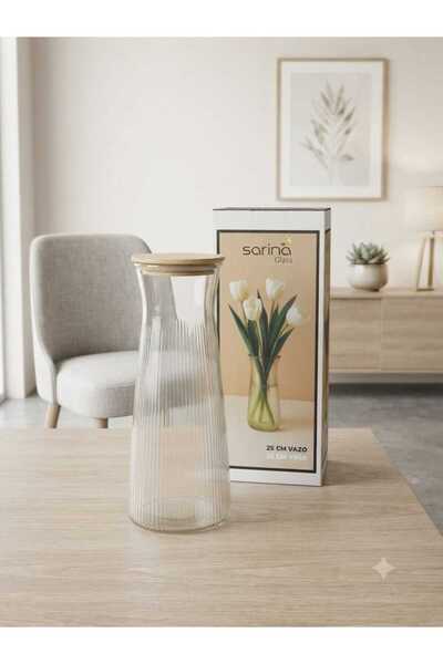 Sarina Glass 25 cm Bambu / Ahşap Kapaklı Çizgili Cam Sürahi - Su Şişesi - Vazo