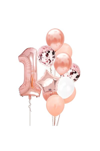 Teno ® Set of 12 Number 1 Balloons, Rose Gold, Star, Round & Confetti Shapes
