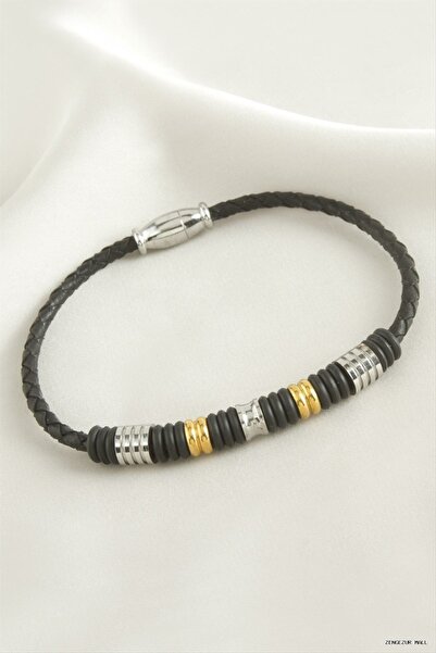 ZERO LAND Zngzrmll Magnetic Leather Steel (10257) Bracelet Black