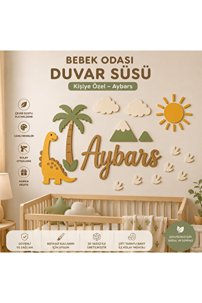 Kişiye Özel İsimli Bebek Çocuk Odası Duvar Süsü – Dinozor Temalı 3D Dekor Seti