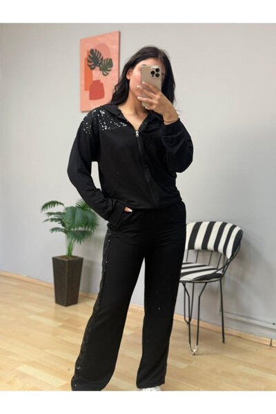 Wear Up    Women's Two Thread Fabric Double Set with Sequin and Zipper Detail