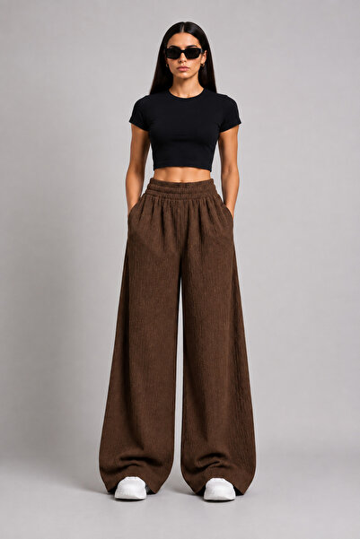 beeton Women's Brown Wrinkled Fabric High Waist Elastic Wide Leg Palazzo Trou...