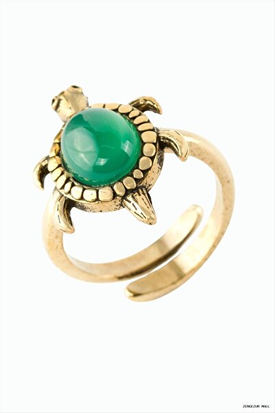 ZERO LAND Zngzrmll Authentic Ring with Turtle Natural Stone (12946) Green Agate