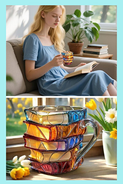 Shopura Cana din sticlă colorată tip carte - Cana de cafea cu mâner transpare...