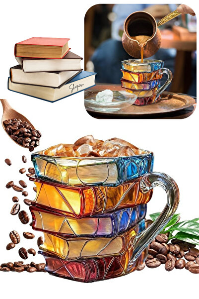 Shopura Kitap Görünümlü Cam Kupa 350 ml, El Çizimi Motifli Kahve Çay Kupası