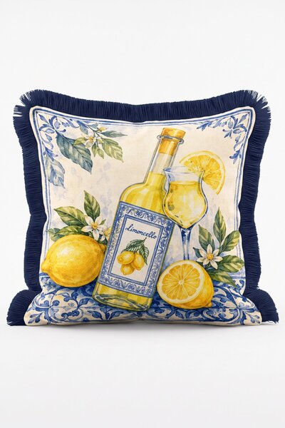 IdeCraft Italian Limoncello Bottle and Tile Pattern Decorative Fringed Throw ...
