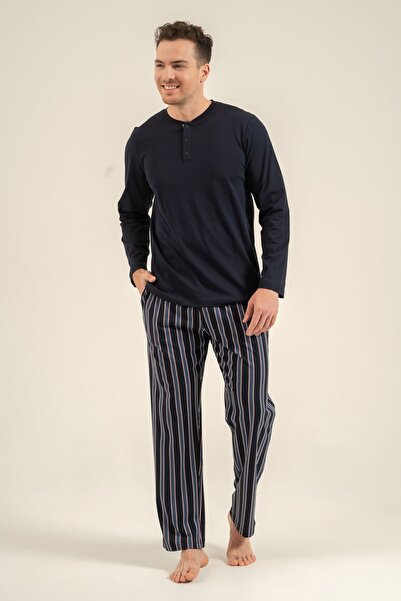 Arnetta Men's Long Sleeve Buttoned Collar Striped Pajama Set (with Socks as a...