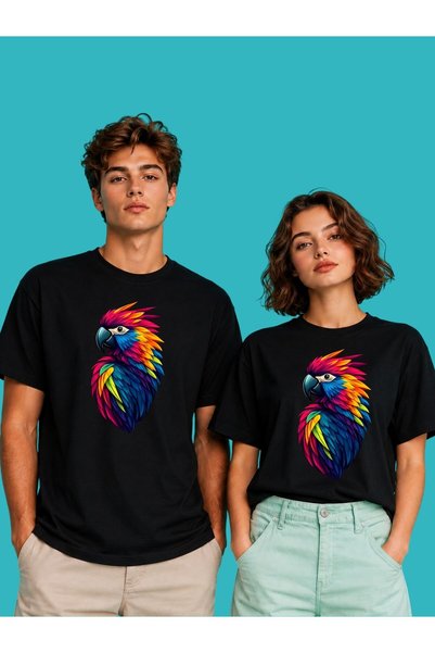 GOB Collection Unisex Colorful Parrot Graphic Printed Oversize Cotton Black T-Shirt