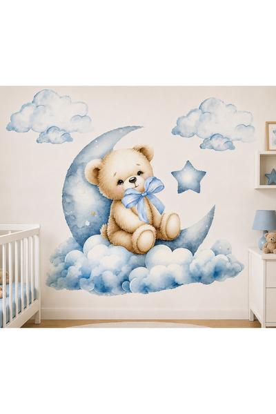 Eseran Print Ayda Uyuyan Duvar Sticker | Erkek Bebek Çocuk Odası Dekoru | Mav...