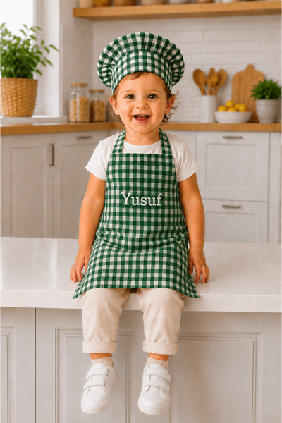 redbuttonkidsstore Kişiye Özel İsimli Kareli Çocuk Mutfak Önlüğü ve Şapka Set...