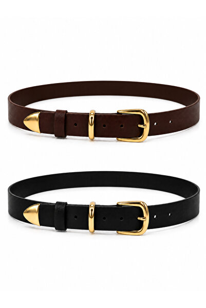 derikem 2-Piece 100% Genuine Leather Women's Belt – Gold Bridge & Gold End De...