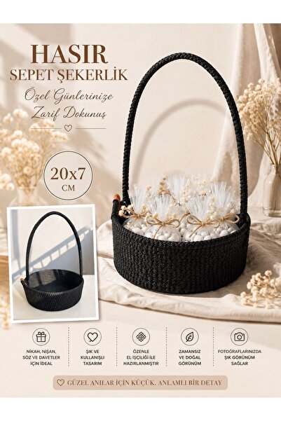 EYLCOTTON HASIR JÜT Siyah Şekerlik , Kına , Nikah , Söz Sepeti El İşçiliği 20x7